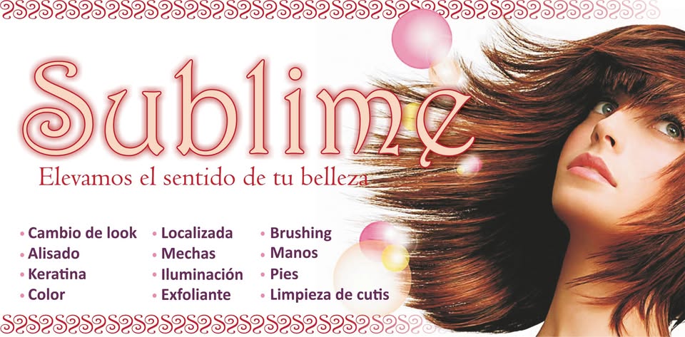 Banner de Sublime Peluquería: el logo, el lema “Elevamos el sentido de tu belleza” y una modelo con cabello auburn trabajado, junto al listado de servicios.